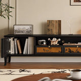 Traditional French-Style Solid Wood TV Stand in Muslin Finish, Rectangular with Two Cabinets and Drawers for Living Room