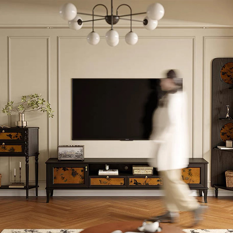 Traditional French-Style Solid Wood TV Stand in Muslin Finish, Rectangular with Two Cabinets and Drawers for Living Room