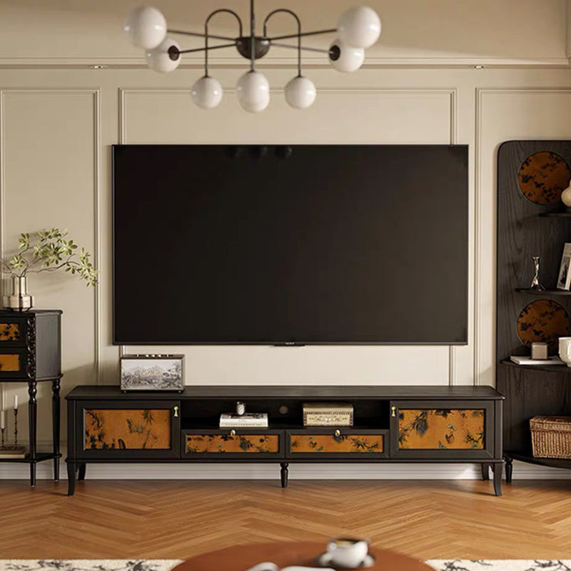 Traditional French-Style Solid Wood TV Stand in Muslin Finish, Rectangular with Two Cabinets and Drawers for Living Room