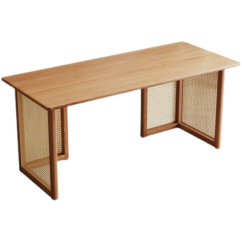Traditional Japanese Weaving-Inspired Imitation Rattan Wood Desk with 3 Drawers - Rectangular Home Office Furniture