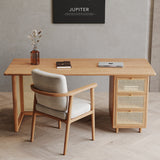 Traditional Japanese Weaving-Inspired Imitation Rattan Wood Desk with 3 Drawers - Rectangular Home Office Furniture