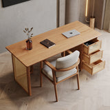 Traditional Japanese Weaving-Inspired Imitation Rattan Wood Desk with 3 Drawers - Rectangular Home Office Furniture