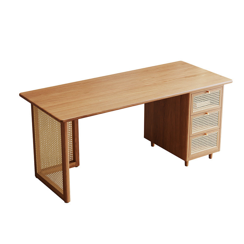 Traditional Japanese Weaving-Inspired Imitation Rattan Wood Desk with 3 Drawers - Rectangular Home Office Furniture
