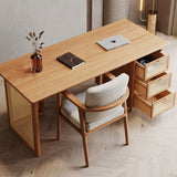 Traditional Japanese Weaving-Inspired Imitation Rattan Wood Desk with 3 Drawers - Rectangular Home Office Furniture