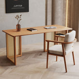Traditional Japanese Weaving-Inspired Imitation Rattan Wood Desk with 3 Drawers - Rectangular Home Office Furniture