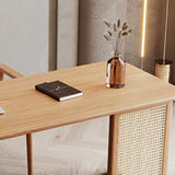 Traditional Japanese Weaving-Inspired Imitation Rattan Wood Desk with 3 Drawers - Rectangular Home Office Furniture