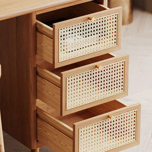 Traditional Japanese Weaving-Inspired Imitation Rattan Wood Desk with 3 Drawers - Rectangular Home Office Furniture
