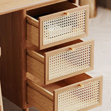 Traditional Japanese Weaving-Inspired Imitation Rattan Wood Desk with 3 Drawers - Rectangular Home Office Furniture