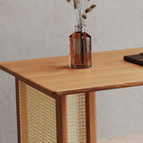 Traditional Japanese Weaving-Inspired Imitation Rattan Wood Desk with 3 Drawers - Rectangular Home Office Furniture