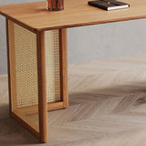 Traditional Japanese Weaving-Inspired Imitation Rattan Wood Desk with 3 Drawers - Rectangular Home Office Furniture
