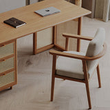 Traditional Japanese Weaving-Inspired Imitation Rattan Wood Desk with 3 Drawers - Rectangular Home Office Furniture