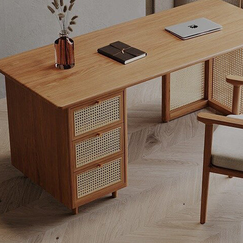 Traditional Japanese Weaving-Inspired Imitation Rattan Wood Desk with 3 Drawers - Rectangular Home Office Furniture