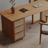 Traditional Japanese Weaving-Inspired Imitation Rattan Wood Desk with 3 Drawers - Rectangular Home Office Furniture