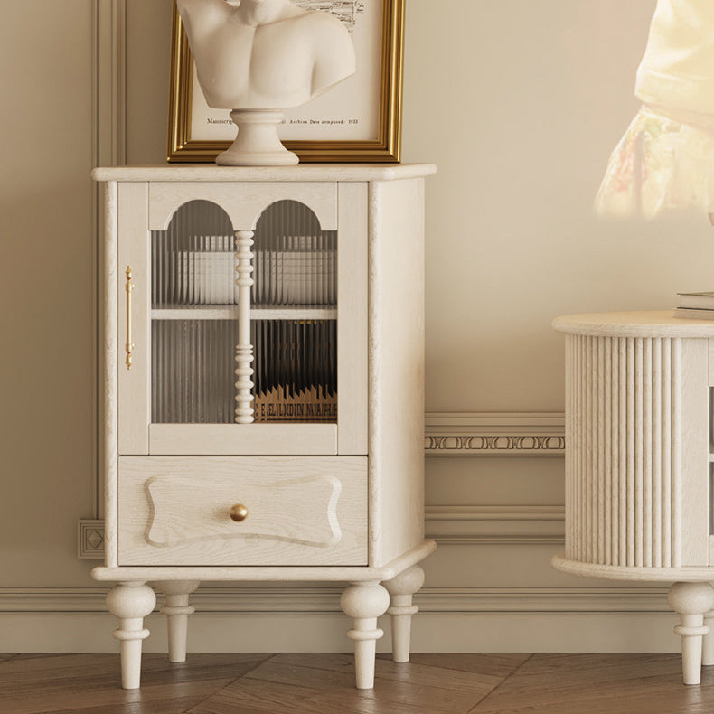 Traditional French Oak Striped Glass Arch-Door Console with Roman Column, Rectangular 2–3-Tier Side Table Cabinet for Living Room