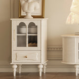 Traditional French Oak Striped Glass Arch-Door Console with Roman Column, Rectangular 2–3-Tier Side Table Cabinet for Living Room