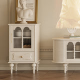 Traditional French Oak Striped Glass Arch-Door Console with Roman Column, Rectangular 2–3-Tier Side Table Cabinet for Living Room