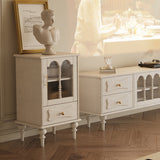 Traditional French Oak Striped Glass Arch-Door Console with Roman Column, Rectangular 2–3-Tier Side Table Cabinet for Living Room