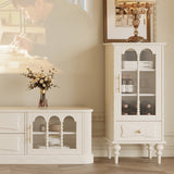 Traditional French Oak Striped Glass Arch-Door Console with Roman Column, Rectangular 2–3-Tier Side Table Cabinet for Living Room