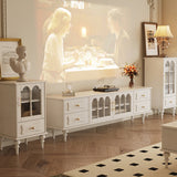 Traditional French Oak Striped Glass Arch-Door Console with Roman Column, Rectangular 2–3-Tier Side Table Cabinet for Living Room