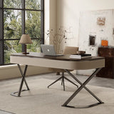 Modern Minimalist Saddle Leather & Wood Desk with Stainless Steel Oval X-Leg, 2-Drawer for Home Office