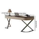 Modern Minimalist Saddle Leather & Wood Desk with Stainless Steel Oval X-Leg, 2-Drawer for Home Office