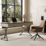 Modern Minimalist Saddle Leather & Wood Desk with Stainless Steel Oval X-Leg, 2-Drawer for Home Office