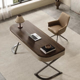 Modern Minimalist Saddle Leather & Wood Desk with Stainless Steel Oval X-Leg, 2-Drawer for Home Office