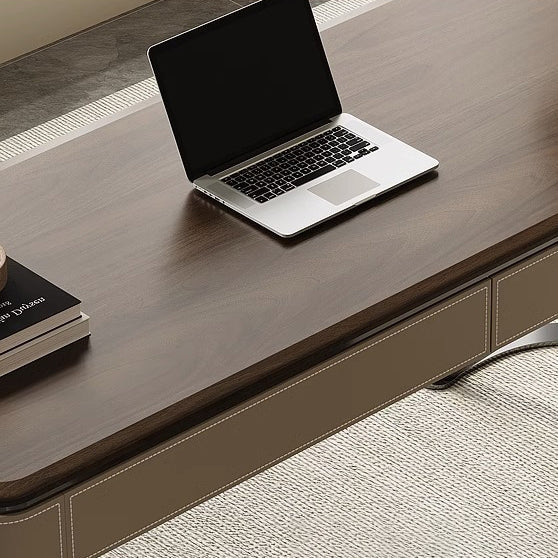 Modern Minimalist Saddle Leather & Wood Desk with Stainless Steel Oval X-Leg, 2-Drawer for Home Office