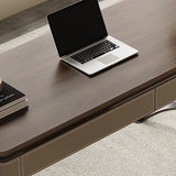 Modern Minimalist Saddle Leather & Wood Desk with Stainless Steel Oval X-Leg, 2-Drawer for Home Office