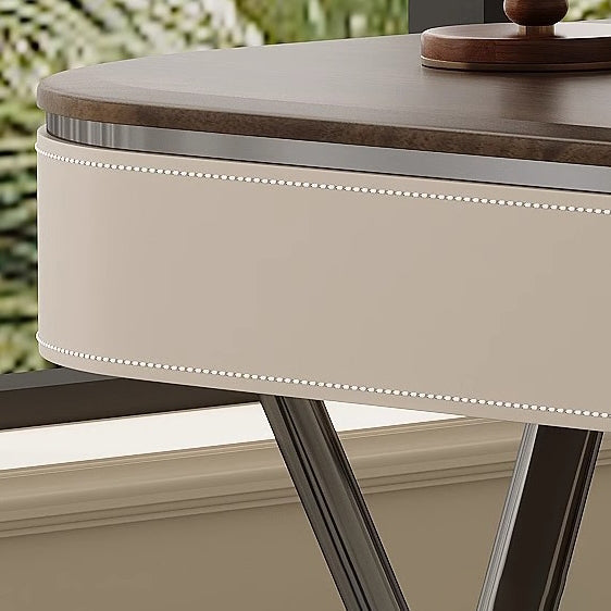 Modern Minimalist Saddle Leather & Wood Desk with Stainless Steel Oval X-Leg, 2-Drawer for Home Office