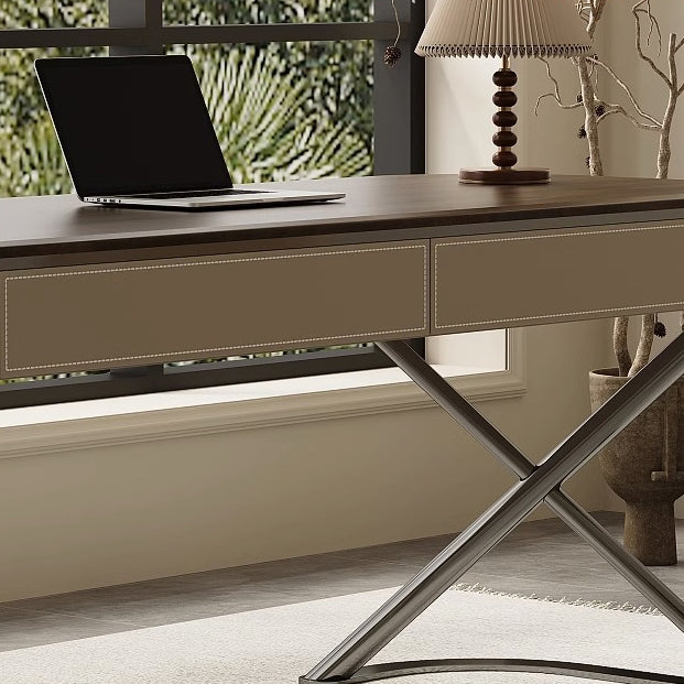 Modern Minimalist Saddle Leather & Wood Desk with Stainless Steel Oval X-Leg, 2-Drawer for Home Office