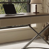Modern Minimalist Saddle Leather & Wood Desk with Stainless Steel Oval X-Leg, 2-Drawer for Home Office