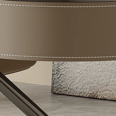 Modern Minimalist Saddle Leather & Wood Desk with Stainless Steel Oval X-Leg, 2-Drawer for Home Office