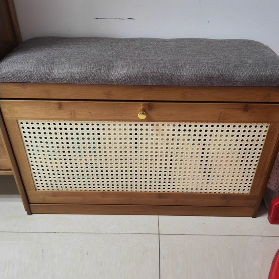 Traditional Japanese Bamboo Ventilated Shoe Bench – Rectangular ABS Construction with Linen Finish for Entryway & Living Room