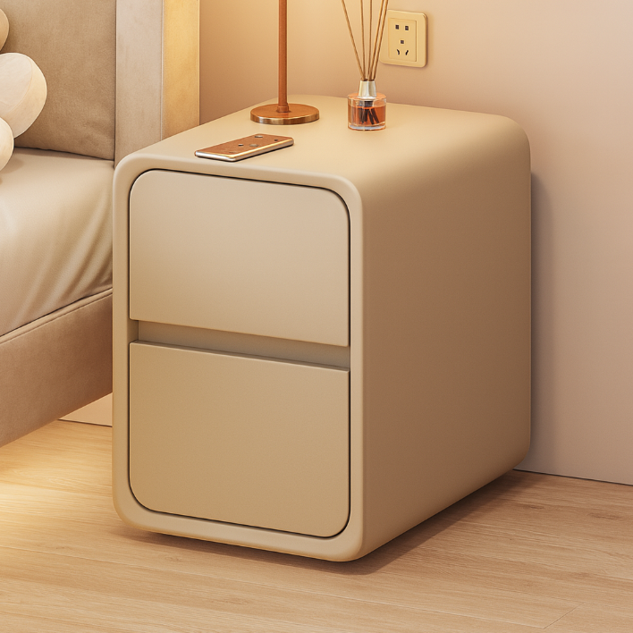 Contemporary Minimalist Nightstand – Microfiber Leather, Solid Wood & Metal, Rounded-Rectangle Design with 2 Drawers for Bedroom