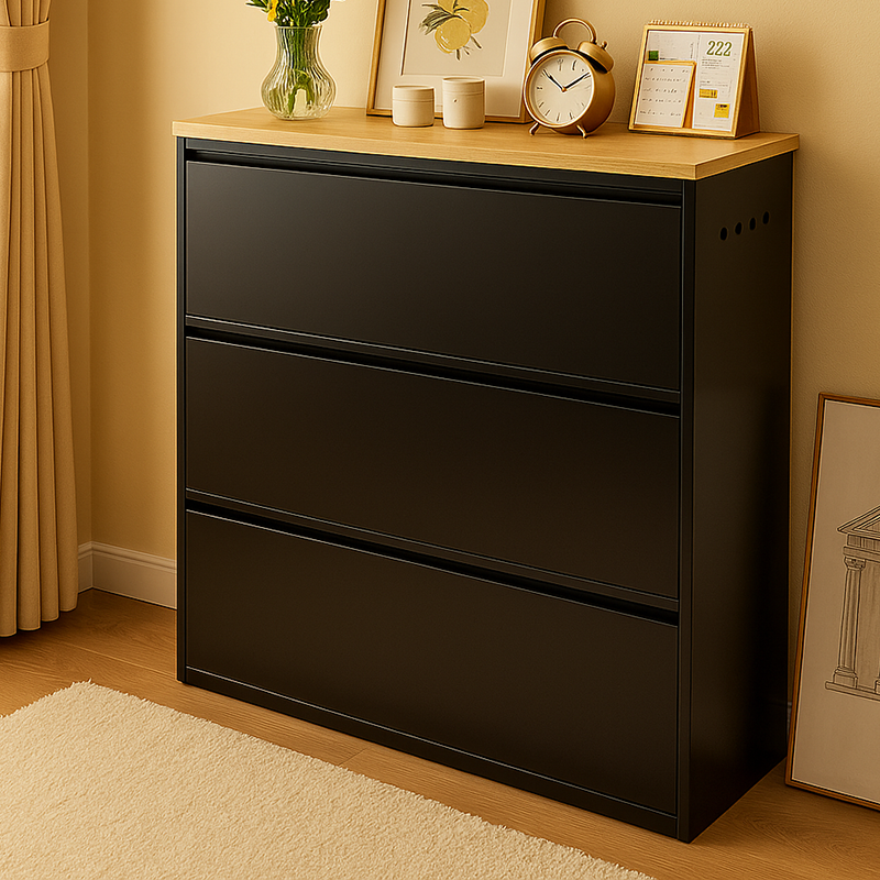 Modern Minimalist Steel Slim Rectangular Shoe Storage with Flip Drawers — 3/4-Tier Entryway Organizer