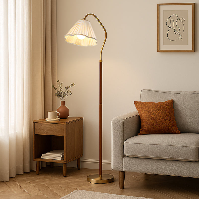 Japanese Vintage Flower Floor Lamp - Solid Wood & Iron with Fabric Shade, 1-Light Standing Lamp