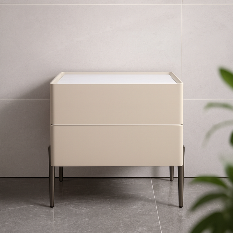 Contemporary Scandinavian 2-Drawer Nightstand in Cream White with Stone Slab Top – Square Bedside Table for Bedroom