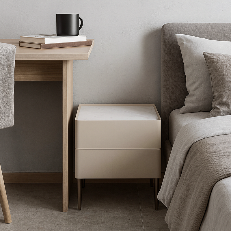 Contemporary Scandinavian 2-Drawer Nightstand in Cream White with Stone Slab Top – Square Bedside Table for Bedroom