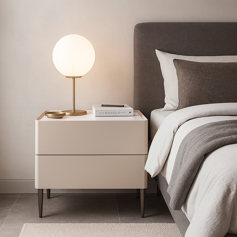 Contemporary Scandinavian 2-Drawer Nightstand in Cream White with Stone Slab Top – Square Bedside Table for Bedroom