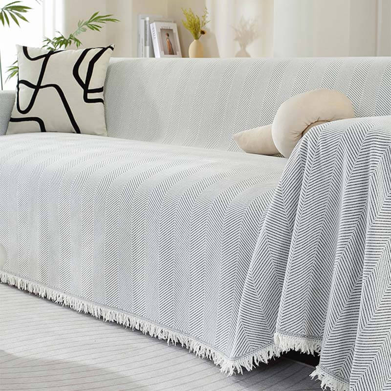 Ultra-Soft Chenille Herringbone Tassel Couch Cover — Plush Sofa Throw Blanket