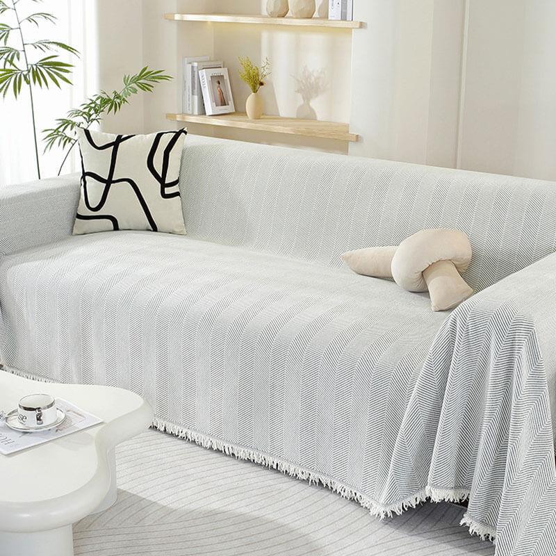 Ultra-Soft Chenille Herringbone Tassel Couch Cover — Plush Sofa Throw Blanket
