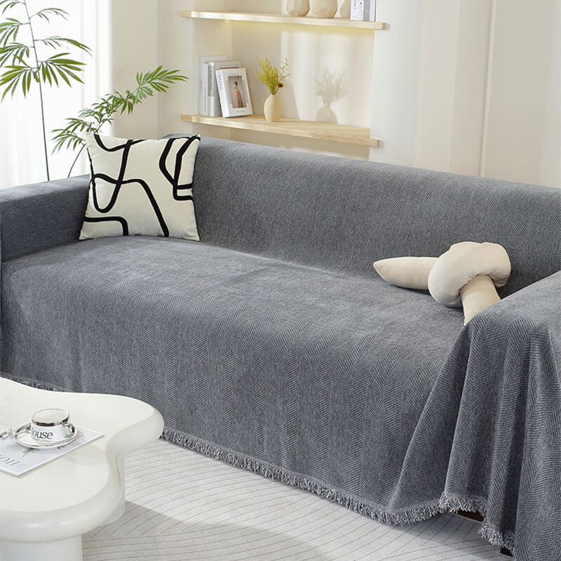 Ultra-Soft Chenille Herringbone Tassel Couch Cover — Plush Sofa Throw Blanket