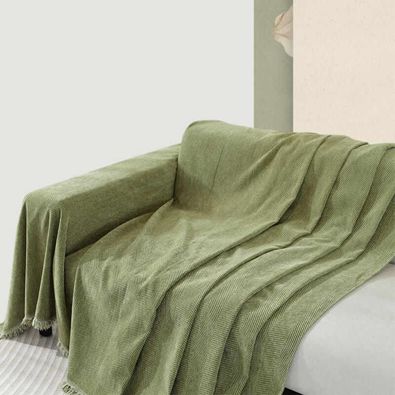 Ultra-Soft Chenille Herringbone Tassel Couch Cover — Plush Sofa Throw Blanket