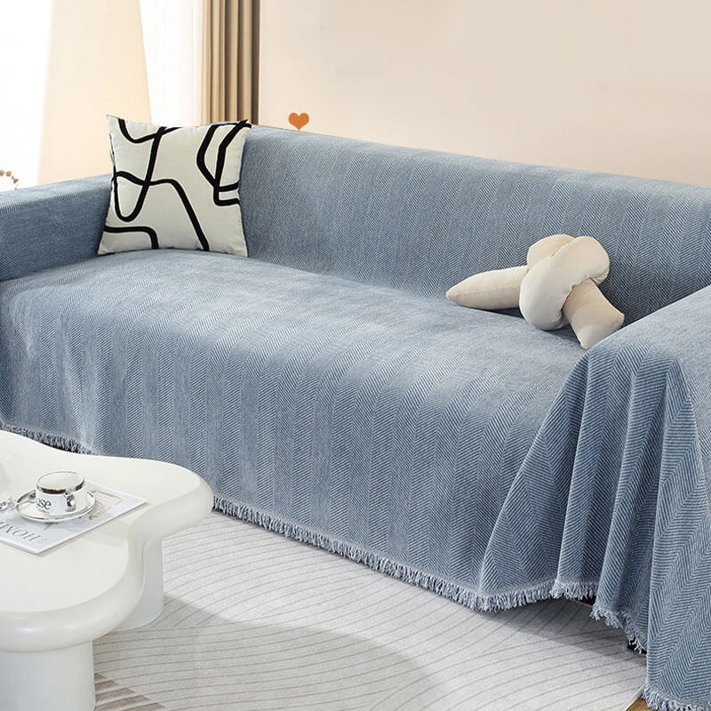 Ultra-Soft Chenille Herringbone Tassel Couch Cover — Plush Sofa Throw Blanket