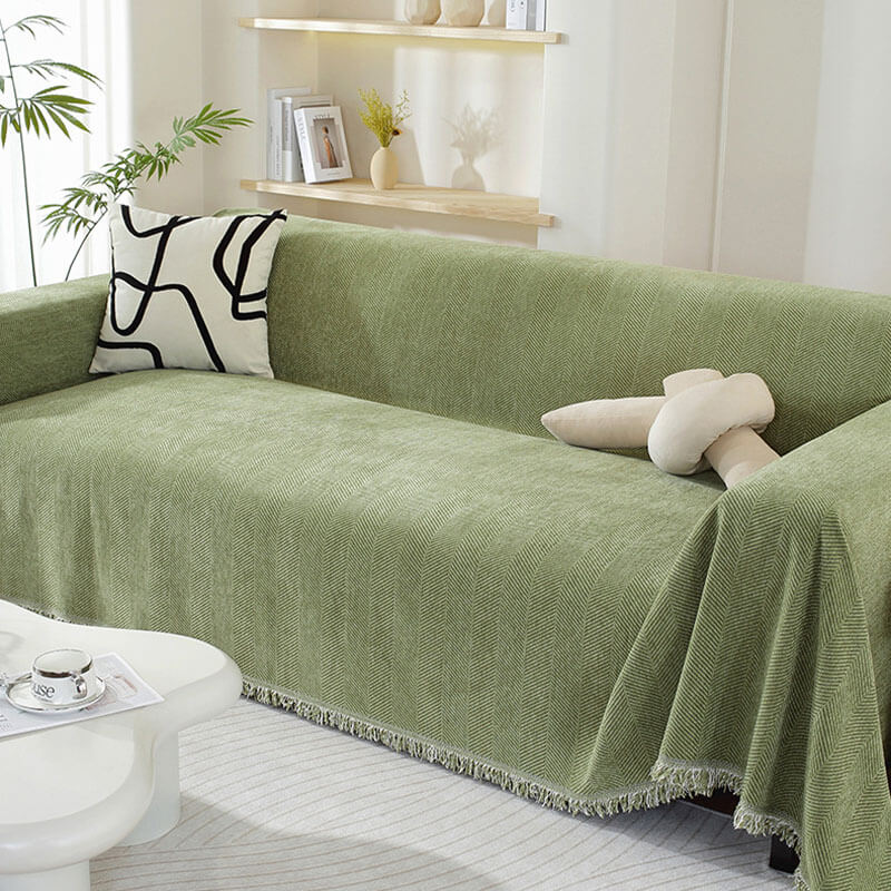 Ultra-Soft Chenille Herringbone Tassel Couch Cover — Plush Sofa Throw Blanket