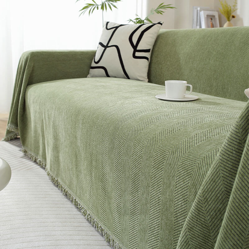 Ultra-Soft Chenille Herringbone Tassel Couch Cover — Plush Sofa Throw Blanket