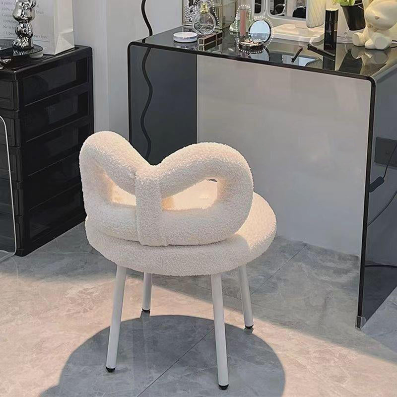Contemporary Bow-Knot Lambswool Vanity Stool with Iron Frame, Backrest, Armless for Bedroom