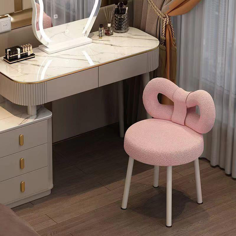 Contemporary Bow-Knot Lambswool Vanity Stool with Iron Frame, Backrest, Armless for Bedroom
