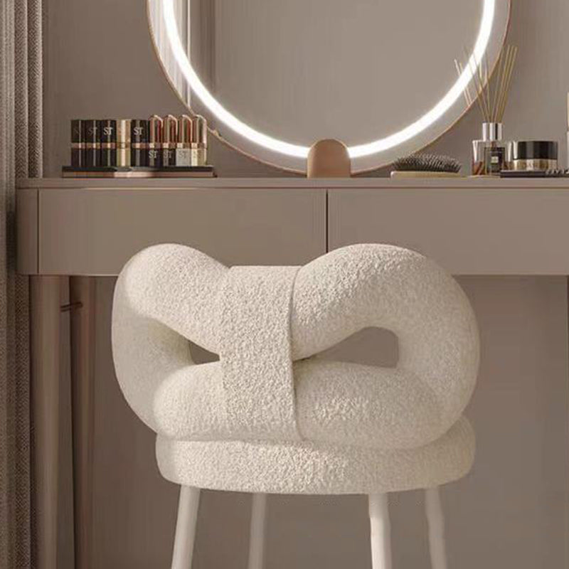 Contemporary Bow-Knot Lambswool Vanity Stool with Iron Frame, Backrest, Armless for Bedroom
